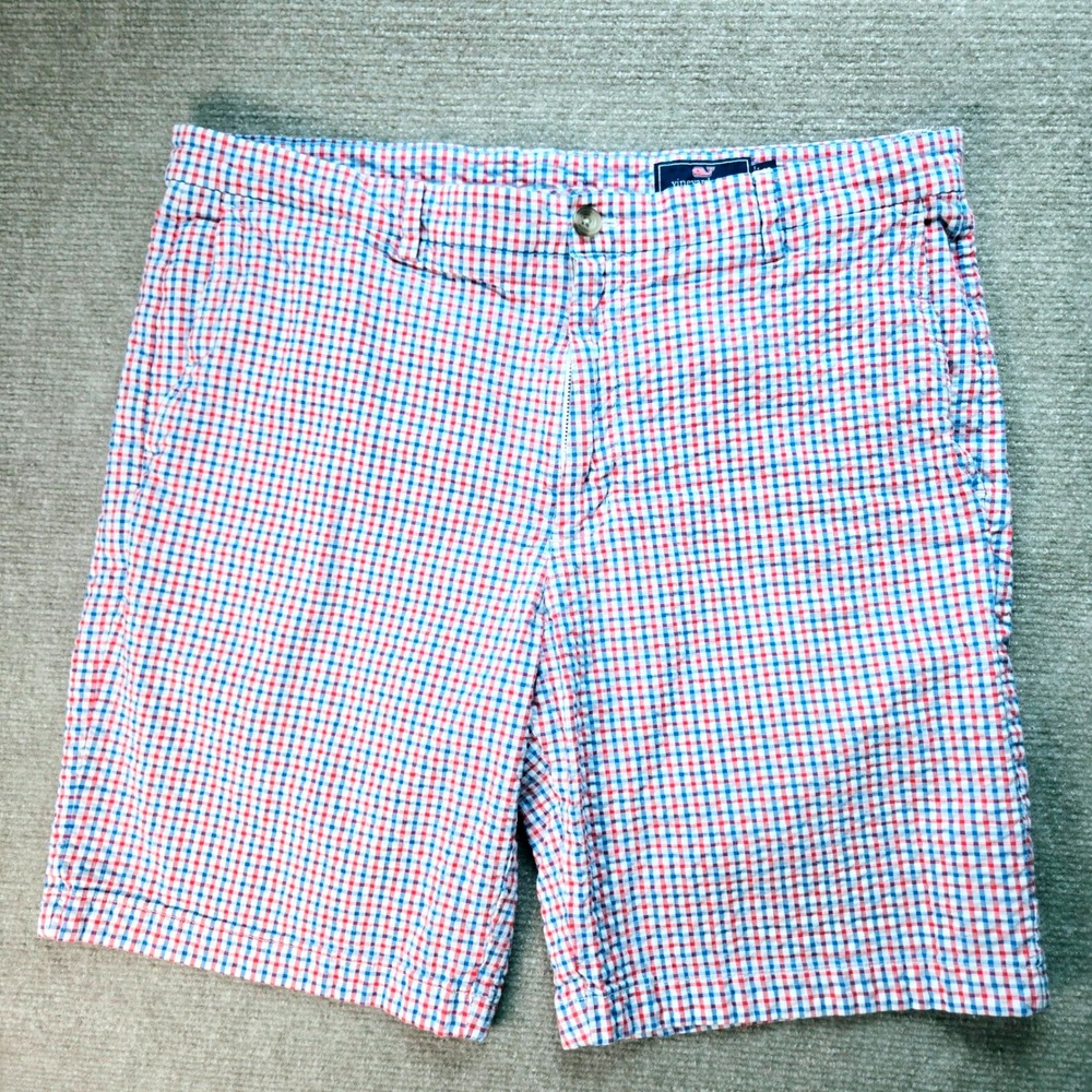 Vineyard‎ Vines Mens 38 Red White Blue Gingham Stretch Chino Seersucker Shorts